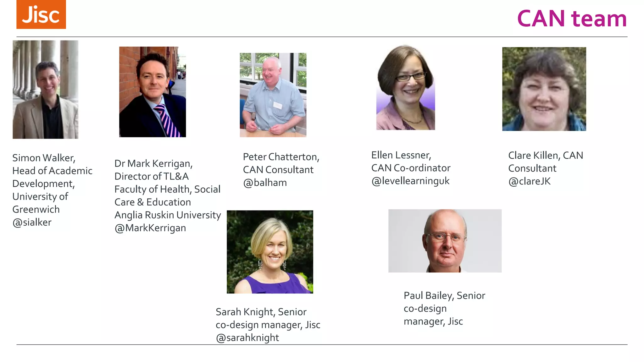 CAN team
Sarah Knight, Senior
co-design manager, Jisc
@sarahknight
PeterChatterton,
CAN Consultant
@balham
Simon Walker,
Head of Academic
Development,
University of
Greenwich
@sialker
Dr Mark Kerrigan,
Director ofTL&A
Faculty of Health, Social
Care & Education
Anglia Ruskin University
@MarkKerrigan
Ellen Lessner,
CAN C0-ordinator
@levellearninguk
Clare Killen, CAN
Consultant
@clareJK
Paul Bailey, Senior
co-design
manager, Jisc
 