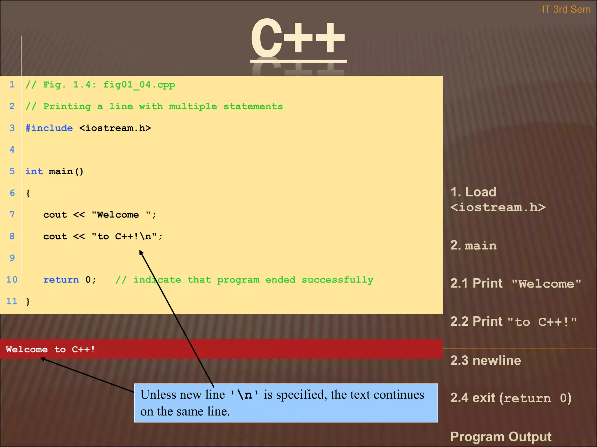 C++
IT 3rd Sem
1. Load
<iostream.h>
2. main
2.1 Print "Welcome"
2.2 Print "to C++!"
2.3 newline
2.4 exit (return 0)
Program Output
Welcome to C++!
1 // Fig. 1.4: fig01_04.cpp
2 // Printing a line with multiple statements
3 #include <iostream.h>
4
5 int main()
6 {
7 cout << "Welcome ";
8 cout << "to C++!n";
9
10 return 0; // indicate that program ended successfully
11 }
Unless new line 'n' is specified, the text continues
on the same line.
 