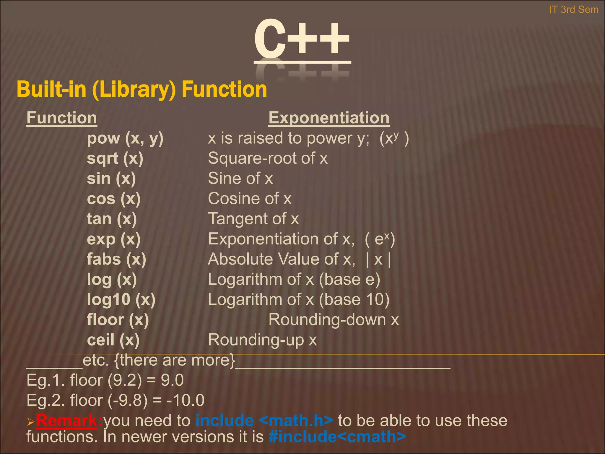 C++
Built-in (Library) Function
IT 3rd Sem
Function Exponentiation
pow (x, y) x is raised to power y; (xy )
sqrt (x) Square-root of x
sin (x) Sine of x
cos (x) Cosine of x
tan (x) Tangent of x
exp (x) Exponentiation of x, ( ex)
fabs (x) Absolute Value of x, | x |
log (x) Logarithm of x (base e)
log10 (x) Logarithm of x (base 10)
floor (x) Rounding-down x
ceil (x) Rounding-up x
______etc. {there are more}_______________________
Eg.1. floor (9.2) = 9.0
Eg.2. floor (-9.8) = -10.0
Remark:you need to include <math.h> to be able to use these
functions. In newer versions it is #include<cmath>
 