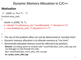 Dynamic Memory Allocation in C/C++
Motivation
/* a[100] vs. *b or *c */
Func(int array_size)
{
double k, a[100], *b, *c;
b...