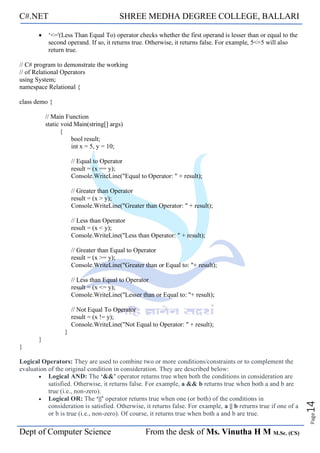 C#.NET SHREE MEDHA DEGREE COLLEGE, BALLARI
Dept of Computer Science From the desk of Ms. Vinutha H M M.Sc. (CS)
Page
14
• ‘<='(Less Than Equal To) operator checks whether the first operand is lesser than or equal to the
second operand. If so, it returns true. Otherwise, it returns false. For example, 5<=5 will also
return true.
// C# program to demonstrate the working
// of Relational Operators
using System;
namespace Relational {
class demo {
// Main Function
static void Main(string[] args)
{
bool result;
int x = 5, y = 10;
// Equal to Operator
result = (x == y);
Console.WriteLine("Equal to Operator: " + result);
// Greater than Operator
result = (x > y);
Console.WriteLine("Greater than Operator: " + result);
// Less than Operator
result = (x < y);
Console.WriteLine("Less than Operator: " + result);
// Greater than Equal to Operator
result = (x >= y);
Console.WriteLine("Greater than or Equal to: "+ result);
// Less than Equal to Operator
result = (x <= y);
Console.WriteLine("Lesser than or Equal to: "+ result);
// Not Equal To Operator
result = (x != y);
Console.WriteLine("Not Equal to Operator: " + result);
}
}
}
Logical Operators: They are used to combine two or more conditions/constraints or to complement the
evaluation of the original condition in consideration. They are described below:
• Logical AND: The ‘&&’ operator returns true when both the conditions in consideration are
satisfied. Otherwise, it returns false. For example, a && b returns true when both a and b are
true (i.e., non-zero).
• Logical OR: The ‘||’ operator returns true when one (or both) of the conditions in
consideration is satisfied. Otherwise, it returns false. For example, a || b returns true if one of a
or b is true (i.e., non-zero). Of course, it returns true when both a and b are true.
 