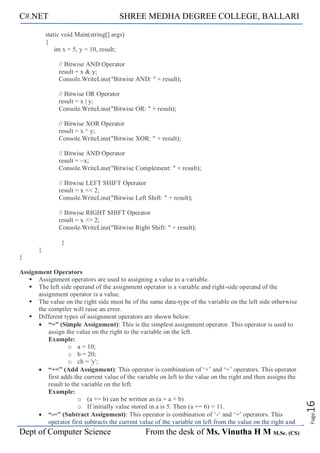 C#.NET SHREE MEDHA DEGREE COLLEGE, BALLARI
Dept of Computer Science From the desk of Ms. Vinutha H M M.Sc. (CS)
Page
16
static void Main(string[] args)
{
int x = 5, y = 10, result;
// Bitwise AND Operator
result = x & y;
Console.WriteLine("Bitwise AND: " + result);
// Bitwise OR Operator
result = x | y;
Console.WriteLine("Bitwise OR: " + result);
// Bitwise XOR Operator
result = x ^ y;
Console.WriteLine("Bitwise XOR: " + result);
// Bitwise AND Operator
result = ~x;
Console.WriteLine("Bitwise Complement: " + result);
// Bitwise LEFT SHIFT Operator
result = x << 2;
Console.WriteLine("Bitwise Left Shift: " + result);
// Bitwise RIGHT SHIFT Operator
result = x >> 2;
Console.WriteLine("Bitwise Right Shift: " + result);
}
}
}
Assignment Operators
▪ Assignment operators are used to assigning a value to a variable.
▪ The left side operand of the assignment operator is a variable and right-side operand of the
assignment operator is a value.
▪ The value on the right side must be of the same data-type of the variable on the left side otherwise
the compiler will raise an error.
▪ Different types of assignment operators are shown below:
• “=” (Simple Assignment): This is the simplest assignment operator. This operator is used to
assign the value on the right to the variable on the left.
Example:
o a = 10;
o b = 20;
o ch = 'y';
• “+=” (Add Assignment): This operator is combination of ‘+’ and ‘=’ operators. This operator
first adds the current value of the variable on left to the value on the right and then assigns the
result to the variable on the left.
Example:
o (a += b) can be written as (a = a + b)
o If initially value stored in a is 5. Then (a += 6) = 11.
• “-=” (Subtract Assignment): This operator is combination of ‘-‘ and ‘=’ operators. This
operator first subtracts the current value of the variable on left from the value on the right and
 