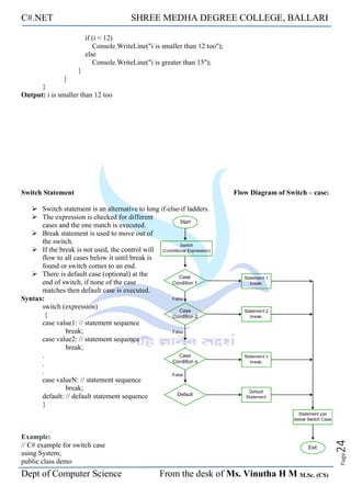 C#.NET SHREE MEDHA DEGREE COLLEGE, BALLARI
Dept of Computer Science From the desk of Ms. Vinutha H M M.Sc. (CS)
Page
24
if (i < 12)
Console.WriteLine("i is smaller than 12 too");
else
Console.WriteLine("i is greater than 15");
}
}
}
Output: i is smaller than 12 too
Switch Statement Flow Diagram of Switch – case:
➢ Switch statement is an alternative to long if-else-if ladders.
➢ The expression is checked for different
cases and the one match is executed.
➢ Break statement is used to move out of
the switch.
➢ If the break is not used, the control will
flow to all cases below it until break is
found or switch comes to an end.
➢ There is default case (optional) at the
end of switch, if none of the case
matches then default case is executed.
Syntax:
switch (expression)
{
case value1: // statement sequence
break;
case value2: // statement sequence
break;
.
.
.
case valueN: // statement sequence
break;
default: // default statement sequence
}
Example:
// C# example for switch case
using System;
public class demo
 