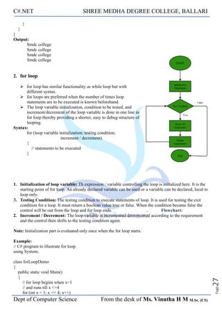 C#.NET SHREE MEDHA DEGREE COLLEGE, BALLARI
Dept of Computer Science From the desk of Ms. Vinutha H M M.Sc. (CS)
Page
27
}
}
}
Output:
Smdc college
Smdc college
Smdc college
Smdc college
2. for loop
➢ for loop has similar functionality as while loop but with
different syntax.
➢ for loops are preferred when the number of times loop
statements are to be executed is known beforehand.
➢ The loop variable initialization, condition to be tested, and
increment/decrement of the loop variable is done in one line in
for loop thereby providing a shorter, easy to debug structure of
looping.
Syntax:
for (loop variable initialization; testing condition;
increment / decrement)
{
// statements to be executed
}
1. Initialization of loop variable: Th expression / variable controlling the loop is initialized here. It is the
starting point of for loop. An already declared variable can be used or a variable can be declared, local to
loop only.
3. Testing Condition: The testing condition to execute statements of loop. It is used for testing the exit
condition for a loop. It must return a boolean value true or false. When the condition became false the
control will be out from the loop and for loop ends. Flowchart:
2. Increment / Decrement: The loop variable is incremented/decremented according to the requirement
and the control then shifts to the testing condition again.
Note: Initialization part is evaluated only once when the for loop starts.
Example:
// C# program to illustrate for loop.
using System;
class forLoopDemo
{
public static void Main()
{
// for loop begins when x=1
// and runs till x <=4
for (int x = 1; x <= 4; x++)
 