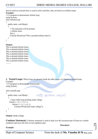 C#.NET SHREE MEDHA DEGREE COLLEGE, BALLARI
Dept of Computer Science From the desk of Ms. Vinutha H M M.Sc. (CS)
Page
29
forever until an external force is used to end it and thus, they are known as infinite loops.
Example:
// C# program to demonstrate infinite loop
using System;
class infiniteLoop
{
public static void Main()
{
// The statement will be printed
// infinite times
for(;;)
Console.WriteLine("This is printed infinite times");
}
}
Output:
This is printed infinite times
This is printed infinite times
This is printed infinite times
This is printed infinite times
This is printed infinite times
This is printed infinite times
This is printed infinite times
..........
5. Nested Loops: When loops are present inside the other loops, it is known as nested loops.
Example:
// C# program to demonstrate nested loops
using System;
class nestedLoops
{
public static void Main()
{
// loop within loop printing smdc college
for(int i = 2; i < 3; i++)
for(int j = 1; j < i; j++)
Console.WriteLine("smdc college");
}
}
Output: Smdc college
Continue Statement: Continue statement is used to skip over the execution part of loop on a certain
condition and move the flow to next updation part.
Flowchart:
Example:
 