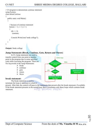 C#.NET SHREE MEDHA DEGREE COLLEGE, BALLARI
Dept of Computer Science From the desk of Ms. Vinutha H M M.Sc. (CS)
Page
30
// C# program to demonstrate continue statement
using System;
class demoContinue
{
public static void Main()
{
// because of continue statement
for(int i = 1; i < 3; i++)
{
if(i == 2)
continue;
Console.WriteLine("smdc college");
}
}
}
Output: Smdc college
Jump Statements (Break, Continue, Goto, Return and Throw)
In C#, Jump statements are used to
transfer control from one point to another
point in the program due to some specified
code while executing the program. There are
five keywords in the Jump Statements:
➢ break
➢ continue
➢ goto
➢ return
➢ throw
break statement:
The break statement is used to
terminate the loop or statement in which it
present. After that, the control will pass to the statements that present after the break statement, if available.
If the break statement presents in the nested loop, then it terminates only those loops which contains break
statement.
 