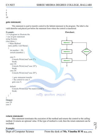 C#.NET SHREE MEDHA DEGREE COLLEGE, BALLARI
Dept of Computer Science From the desk of Ms. Vinutha H M M.Sc. (CS)
Page
32
7
8
9
10
goto statement:
This statement is used to transfer control to the labeled statement in the program. The label is the
valid identifier and placed just before the statement from where the control is transferred.
Example: Flowchart:
// C# program to illustrate the
// use of goto statement
using System;
class demo {
// Main Method
static public void Main()
{
int number = 20;
switch (number) {
case 5:
Console.WriteLine("case 5");
break;
case 10:
Console.WriteLine("case 10");
break;
case 20:
Console.WriteLine("case 20");
// goto statement transfer
// the control to case 5
goto case 5;
default:
Console.WriteLine("No match found");
break;
}
}
}
Output:
case 20
case 5
return statement:
This statement terminates the execution of the method and returns the control to the calling
method. It returns an optional value. If the type of method is void, then the return statement can be
excluded.
Example:
 