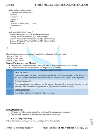 C#.NET SHREE MEDHA DEGREE COLLEGE, BALLARI
Dept of Computer Science From the desk of Ms. Vinutha H M M.Sc. (CS)
Page
37
public int factorial(int num) {
/* local variable declaration */
int result;
if (num == 1) {
return 1;
} else {
result = factorial(num - 1) * num;
return result;
}
}
static void Main(string[] args) {
NumberManipulator n = new NumberManipulator();
//calling the factorial method {0}", n.factorial(6));
Console.WriteLine("Factorial of 7 is : {0}", n.factorial(7));
Console.WriteLine("Factorial of 8 is : {0}", n.factorial(8));
Console.ReadLine();
}
}
}
When the above code is compiled and executed, it produces the following result –
Factorial of 6 is: 720
Factorial of 7 is: 5040
Factorial of 8 is: 40320
Passing Parameters to a Method
➢ When method with parameters is called, you need to pass the parameters to the method.
➢ There are three ways that parameters can be passed to a method −
Sl.No Mechanism & Description
1
Value parameters
This method copies the actual value of an argument into the formal parameter of the function. In
this case, changes made to the parameter inside the function have no effect on the argument.
2
Reference parameters
This method copies the reference to the memory location of an argument into the formal
parameter. This means that changes made to the parameter affect the argument.
3
Output parameters
This method helps in returning more than one value.
String Operations:
➢ C# string provides various methods to perform different operations on strings.
➢ We will look into some of the commonly used string operations.
1. Get the Length of a string
To find the length of a string, we use the Length property. For example,
 