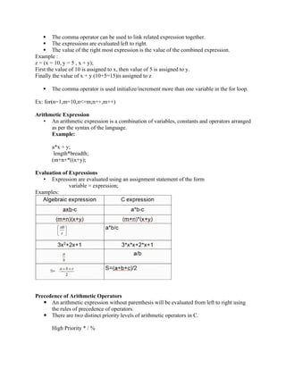  The comma operator can be used to link related expression together.
 The expressions are evaluated left to right.
 The value of the right most expression is the value of the combined expression.
Example :
z = (x = 10, y = 5 , x + y);
First the value of 10 is assigned to x, then value of 5 is assigned to y.
Finally the value of x + y (10+5=15)is assigned to z
 The comma operator is used initialize/increment more than one variable in the for loop.
Ex: for(n=1,m=10,n<=m;n++,m++)
Arithmetic Expression
• An arithmetic expression is a combination of variables, constants and operators arranged
as per the syntax of the language.
Example:
a*x + y;
length*breadth;
(m+n+*((x+y);
Evaluation of Expressions
• Expression are evaluated using an assignment statement of the form
variable = expression;
Examples:
Precedence of Arithmetic Operators
 An arithmetic expression without parenthesis will be evaluated from left to right using
the rules of precedence of operators.
 There are two distinct priority levels of arithmetic operators in C.
High Priority * / %
 