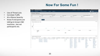 Now For Some Fun !
20	
  
•  Use	
  of	
  Threat	
  Lists	
  	
  
•  Correlate	
  Traﬃc	
  	
  
•  At	
  a	
  Glance	
  Severity	
  	
  
•  Know	
  if	
  end	
  points	
  are	
  
talking	
  to	
  known	
  C&C	
  	
  
machines	
  ,	
  bot	
  net	
  
par,cipants	
  etc.	
  	
  
	
  
 