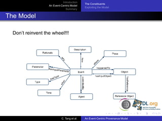 Introduction
                                             The Constituents
                   An Event-Centric Model
                                             Exploiting the Model
                               Summary


The Model

  Don’t reinvent the wheel!!!




                            C. Tang et al.   An Event-Centric Provenance Model
 