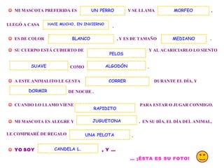 .    MI MASCOTA PREFERIDA ES  Y SE LLAMA  UN PERRO , LLEGÓ A CASA  .    ES DE COLOR  , Y ES DE TAMAÑO  MORFEO HACE MUCHO, EN INVIERNO    SU CUERPO ESTÁ CUBIERTO DE  Y AL ACARICIARLO LO SIENTO  COMO  ALGODÓN .    A ESTE ANIMALITO LE GUSTA  DURANTE EL DÍA, Y  DE NOCHE .  DORMIR    CUANDO LO LLAMO VIENE  PARA ESTAR O JUGAR CONMIGO.     MI MASCOTA ES ALEGRE Y  .  EN SU DÍA, EL DÍA DEL ANIMAL, RAPIDITO JUGUETONA LE COMPRARÉ DE REGALO  UNA PELOTA .    YO   SOY   , Y … CANDELA L. …  ¡ÉSTA ES SU FOTO!   CORRER BLANCO SUAVE PELOS MEDIANO 