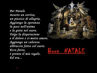 Per Natale
incarto un sorriso,
un pizzico di allegria.
Aggiungo la speranza
la pace nell'anima
e la gioia nel cuore.
Tolgo la disperazione
e il dolore e ci metto amore.
Aggiungo un caloroso
abbraccio fatto col cuore.
Ecco fatto,
è pronto il mio regalo.
                            Buon NATALE
Ed ora...
 