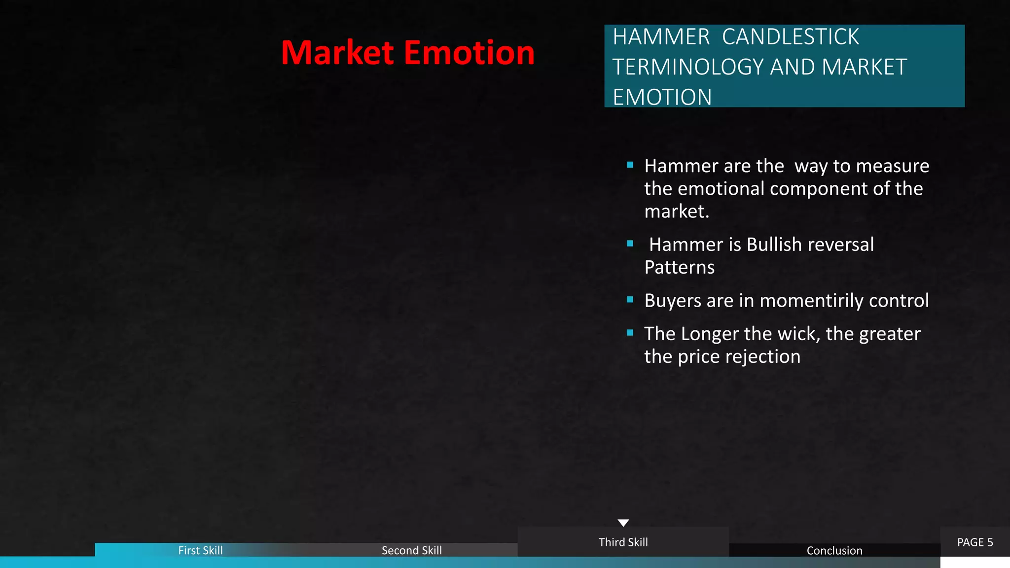 HAMMER CANDLESTICK
TERMINOLOGY AND MARKET
EMOTION
 Hammer are the way to measure
the emotional component of the
market.
 Hammer is Bullish reversal
Patterns
 Buyers are in momentirily control
 The Longer the wick, the greater
the price rejection
PAGE 5
First Skill Second Skill
Third Skill
Conclusion
Market Emotion
 