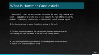 What Is Hammer Candlesticks
PAGE 4
1. A candlestick chart pattern is called a hammer if it has a long shadow and a
small body (black or white) that is very close to the high of the day. At the
end of a downtrend, the hammer is considered a bullish reversal signal.
2. the shadow should be about three times as long as the body.
3. The long shadow shows that the market price dropped very sharply after
the opening and then recovered at the end of the trading session.
4. The opening and closing price should be close together, which will result
in a small body on the candlestick chart.
 