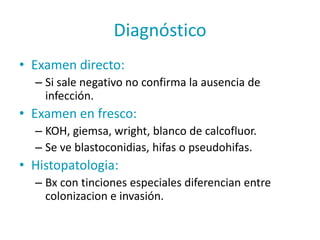 Diagnóstico
• Examen directo:
– Si sale negativo no confirma la ausencia de
infección.
• Examen en fresco:
– KOH, giemsa, wright, blanco de calcofluor.
– Se ve blastoconidias, hifas o pseudohifas.
• Histopatologia:
– Bx con tinciones especiales diferencian entre
colonizacion e invasión.
 