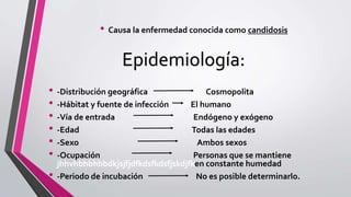 • Causa la enfermedad conocida como candidosis
• -Distribución geográfica Cosmopolita
• -Hábitat y fuente de infección El humano
• -Vía de entrada Endógeno y exógeno
• -Edad Todas las edades
• -Sexo Ambos sexos
• -Ocupación Personas que se mantiene
jhhvhbhbhbbdkjsjfjdfkdsfkdsfjskdjfken constante humedad
• -Periodo de incubación No es posible determinarlo.
Epidemiología:
