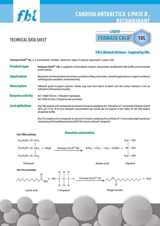 Ilbl
---LlQUID---

FERMASE CALB™.

TECHNICAL DATA SHEET

lOL

FBL's Biotech Division -Inspired by life.
FermaseCALB™10L is a recombinant Candida antarctica lipase B enzyme expressed in yeast cells.

Product type

Fermase CALB™ 10L is supplied as formulated; enzyme concentrate equilibrated with buffer and permitted
preservatives.

Application

Resolution of chiral alcohols and amines; synthesis oHatty-acid esters; versatile applications in organic synthesis;
exhibit good to excellent stereoselectivity.

Description

Yellowish green to green solution. Colour may vary from batch to batch and the colour intensity is not an
indication ofthe product quality.

Enzyme activity

NLT 10000 TBU/mL (Tributyrin hydrolysis).
NLT 4500 PLUlmL ( Propyllaurate synthesis).

Unit definition

One TBU enzyme unit corresponds to amount of enzyme catalyzing the formation of 7 micromole of butyric acid at
40°C, pH 7.5 at 70 % (vlv) tributyrin concentration per minute per ml enzyme in the milieu of 700 mM sodium
phosphate buffer.
One PLU enzyme unit corresponds to amount of enzyme catalysing the synthesis of 7 micromole propyllaurate per
minuteper g ofimmobilized enzyme at60°Cfrom lauric acidand 7-propanol.

Reaction schematics

For TBU activity

H2C-OH

(C4 H70 )-O-CH 2

I
I
(C4 H70 )-O-CH 2

(C4H70)-O-CH2

+ 3H20

I

Fermase CALB™10L

CH2-COOH

+ HC-OH

I
H2C - OH

Tributyrin

Butyric acid

For PLU activity

H

°
II

~OH
Lauric acid

3CH3-CH2 -

H

H

I I I
I I I
H H H

+ HO-C-C-C-H

l-Propanol

Propyllaurate

Glycerol

 