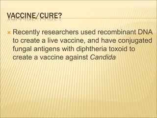 VACCINE/CURE?
 Recently researchers used recombinant DNA
to create a live vaccine, and have conjugated
fungal antigens with diphtheria toxoid to
create a vaccine against Candida
 