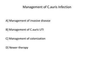 Management of C.auris Infection
A] Management of invasive disease
B] Management of C.auris UTI
C] Management of colonization
D] Newer therapy
 