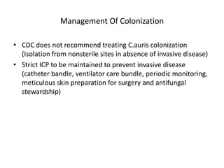 Management Of Colonization
• CDC does not recommend treating C.auris colonization
(Isolation from nonsterile sites in absence of invasive disease)
• Strict ICP to be maintained to prevent invasive disease
(catheter bandle, ventilator care bundle, periodic monitoring,
meticulous skin preparation for surgery and antifungal
stewardship)
 