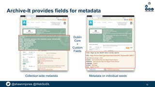 @shawnmjones @WebSciDL
Archive-It provides fields for metadata
15
Collection-wide metadata Metadata on individual seeds
Du...