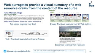 @shawnmjones @WebSciDL
Web surrogates provide a visual summary of a web
resource drawn from the content of the resource
27
Browser Thumbnail (example from UK Web Archive)Text snippet (example from Bing)
Social Card (example from Facebook)
Text + Thumbnail (example from Internet Archive)
S. M. Jones. “Let's Get Visual and Examine Web Page Surrogates.” https://ws-dl.blogspot.com/2018/04/2018-
04-24-lets-get-visual-and-examine.html, 2018.
 