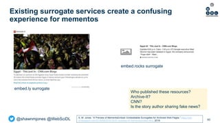 @shawnmjones @WebSciDL
Existing surrogate services create a confusing
experience for mementos
60
Who published these resources?
Archive-It?
CNN?
Is the story author sharing fake news?
S. M. Jones. “A Preview of MementoEmbed: Embeddable Surrogates for Archived Web Pages.” https://ws-
dl.blogspot.com/2018/08/2018-08-01-preview-of-mementoembed.html, 2018.
embed.rocks surrogate
embed.ly surrogate
 