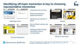 @shawnmjones @WebSciDL
Identifying off-topic mementos is key to choosing
representative mementos
71
Hacked
Moved on from t...