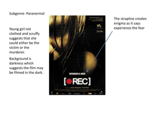 Subgenre- Paranormal The strapline creates enigma as it says experience the fear Young girl not clothed and scruffy suggests that she could either be the victim or the murderer. Background is darkness which suggests the film may be filmed in the dark. 