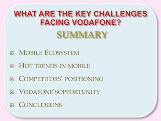 SUMMARY <br />Mobile Ecosystem<br />Hot trends in mobile<br />Competitors’ positioning<br />Vodafone’sopportunity<br />Con...