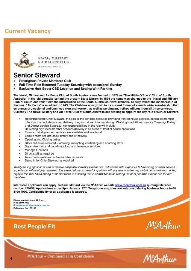 Senior Steward Role Naval, Military and Air Force Club of South Australia. Candidate