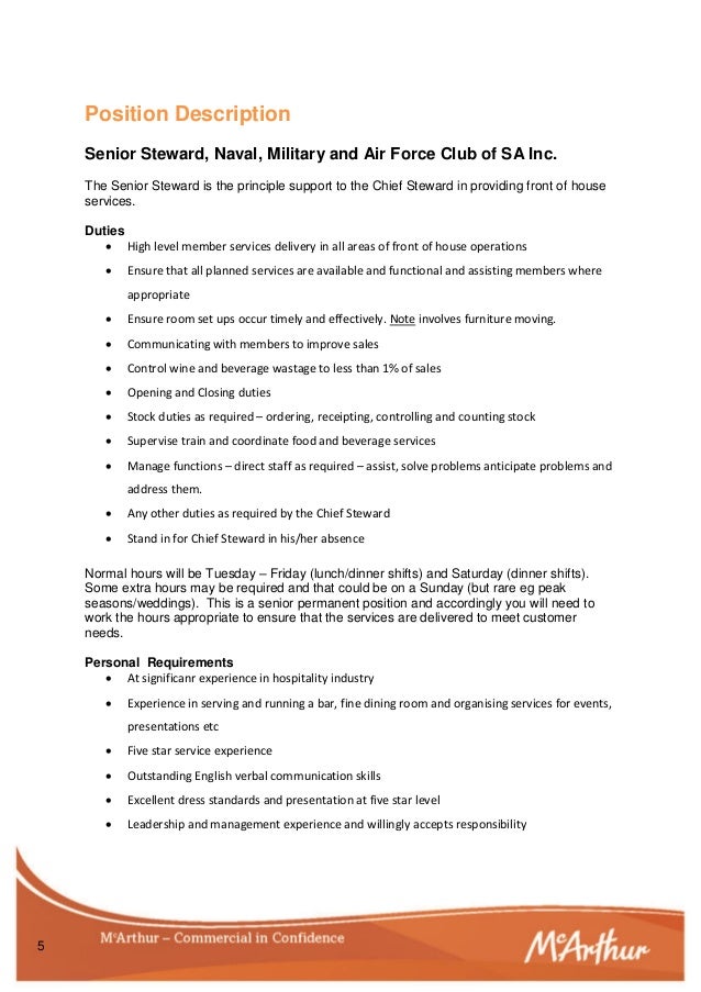 Senior Steward Role Naval, Military and Air Force Club of South Australia. Candidate