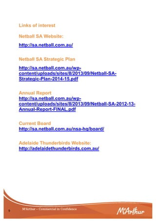 9
Links of interest
Netball SA Website:
http://sa.netball.com.au/
Netball SA Strategic Plan
http://sa.netball.com.au/wp-
content/uploads/sites/8/2013/09/Netball-SA-
Strategic-Plan-2014-15.pdf
Annual Report
http://sa.netball.com.au/wp-
content/uploads/sites/8/2013/09/Netball-SA-2012-13-
Annual-Report-FINAL.pdf
Current Board
http://sa.netball.com.au/nsa-hq/board/
Adelaide Thunderbirds Website:
http://adelaidethunderbirds.com.au/
 
