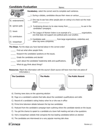 Candidate Evaluation                                            Name:
                       Vocabulary. select the correct word to complete each sentence.

                       ___1. During a debate, candidates discuss their views on various ___________.

A) endorsements        ___2. One way to see how other people plan on voting is to check out the most
                             recent ___________.

B) opinion polls       ___3. Fundraising dinners try to raise money from _____________ to use in the
                             candidates’ campaigns.
C) issues
                       ___4. The League of Women Voters is an example of a __________ organization,
                             one that does not support one political party over another.
D) contributors
                       ___5. Candidates seek ___________ from large organizations, celebrities and
E) nonpartisan               other big name companies.


The Steps. Put the steps you have learned about in the correct order!
 _____ Find out what other people think.
 _____ Research the candidates’ positions on the issues.
 _____ Grade the candidates and decide!
 _____ Learn about the candidates’ leadership skills and qualifications.
 _____ What do you think about things?

Resources. Match the information with the source! (Each source will have more than one piece of
           Information.)

   The Candidate                       The Media                            The Public Record




   A) Evening news story on the upcoming election
   B) Page on a candidate’s website that talks about the candidate’s qualifications and skills
   C) Record of a candidate’s voting history when he or she was in office
   D) Prime-time television debate between the top two candidates
   E) Postcard from the candidate’s campaign team outlining where the candidate stands on the issues
   F) You get the chance to speak to a candidate at a town hall meeting and ask a few questions
   G) Visit a nonpartisan website that compares the two leading candidates before an election
   H) The candidates are interviewed on a very popular morning talk show


                                                                                                 Review p.1
 