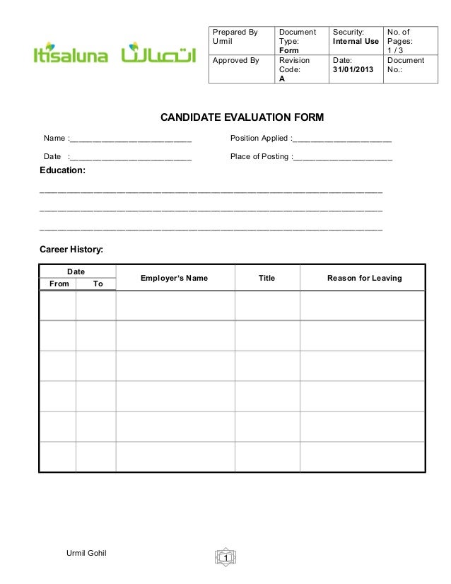candidate evaluation form for hr candidate evaluation form