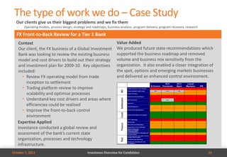The type of work we do – Case Study
  Our clients give us their biggest problems and we fix them
  —    Operating models, process design, strategy and roadmaps, business analysis, program delivery, program recovery, research

  FX Front-to-Back Review for a Tier 1 Bank
   Context                                                             Value Added
   Our client, the FX business of a Global Investment                  We produced future state recommendations which
   Bank was looking to review the existing business                    supported the business roadmap and removed
   model and cost drivers to build out their strategy                  volume and business mix sensitivity from the
   and investment plan for 2009-10. Key objectives                     organization. It also enabled a closer integration of
   included:                                                           the spot, options and emerging markets businesses
      • Review FX operating model from trade                           and delivered an enhanced control environment.
        inception to settlement
      • Trading platform review to improve
        scalability and optimise processes
      • Understand key cost drivers and areas where
        efficiencies could be realised
      • Improve the front-to-back control
        environment
   Expertise Applied
   Investance conducted a global review and
   assessment of the bank’s current state
   organization, processes and technology
   infrastructure.
October 7, 2011                                   Investance Overview for Candidates                                              10
 