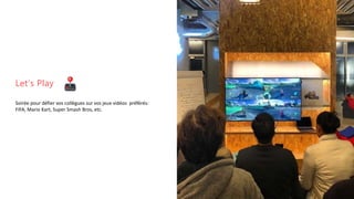 WIP
- photos from some events
Let’s Play
Soirée pour défier vos collègues sur vos jeux vidéos préférés:
FIFA, Mario Kart, ...