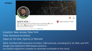 Location: New Jersey/ New York
Title: Solutions Architect
Open to: On-site, Hybrid, or Remote
Skills: Certified AWS Solutions Architect. AWS services, including EC2, S3, RDS, and VPC.
Design and implement AWS-based solutions.
Successful migrations complex on-premises workloads to the cloud
VETERAN
 