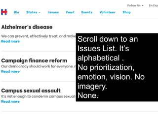 Scroll down to an
Issues List. It’s
alphabetical .
No prioritization,
emotion, vision. No
imagery.
None.
 