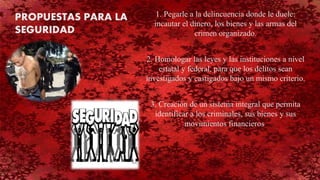 1. Pegarle a la delincuencia donde le duele:
incautar el dinero, los bienes y las armas del
crimen organizado.
2. Homologar las leyes y las instituciones a nivel
estatal y federal, para que los delitos sean
investigados y castigados bajo un mismo criterio.
3. Creación de un sistema integral que permita
identificar a los criminales, sus bienes y sus
movimientos financieros.
PROPUESTAS PARA LA
SEGURIDAD
 