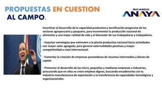 PROPUESTAS EN CUESTION
AL CAMPO.
Incentivar el desarrollo de la capacidad productiva y tecnificación progresiva de los
sectores agropecuario y pesquero, para incrementar la producción nacional de
alimentos y una mejor calidad de vida y el bienestar de sus trabajadoras y trabajadores.
- Impulsar estrategias que estimulen a la planta productiva nacional hacia actividades
con mayor valor agregado, para generar externalidades positivas y mayor
competitividad a nivel internacional.
- Fomentar la creación de empresas proveedoras de insumos intermedios y bienes de
capital.
- Promover el desarrollo de las micro, pequeñas y medianas empresas e industrias,
procurando que en ellas se creen empleos dignos, buscando encadenarlas con la
industria manufacturera de exportación y la transferencia de capacidades tecnológicas y
organizacionales.
 