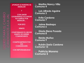 LIDERES PARA EL CAMBIO candidatos a la jal¡PORQUE LO NUESTRO ES MEDELLIN! Y CON AMOR  LOGRAREMOS ALCANZAR TUS SUEÑOS POR MEDELLÍN…POR ESTOHEMOS CONFORMADO EL MEJOR EQUIPO DE LIDERES COMUNITARIOSCOMPROMETIDOS POR SUS COMUNIDADESCON REPONSABILIDADMartha Nancy Villa Comuna 4Luis Alfredo AguirreComuna 3Evila CardonaComuna 7Jaime RestrepoComuna 6Gloria Elena PosadaComuna 8Eleida MuñozComuna 9Rubén Darío CardonaComuna 13Patricia MorenoComuna 5