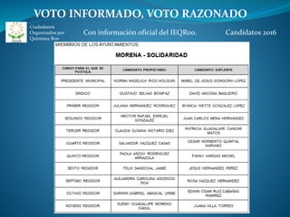 VOTO INFORMADO, VOTO RAZONADO
Con información oficial del IEQRoo.
Ciudadanos
Organizados por
Quintana Roo
Candidatos 2016
 