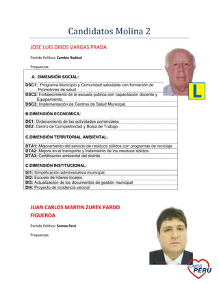 Candidatos Molina 2<br />4711065106680JOSE LUIS DIBOS VARGAS PRADA<br />Partido Político: Cambio Radical<br />-2514601905005606415647700Propuestas:  <br />422529050165JUAN CARLOS MARTIN ZUREK PARDO FIGUEROA<br />Partido Político: Somos Perú<br />Propuestas: <br />5558790618490<br />Objetivos<br />•Proponer un reordenamiento integral del distrito, acorde al Plan Integral La Molina al 2015, y todos aquellos documentos técnicos que sustenten la propuesta. <br />•Mantener el carácter residencial del distrito reflejado en la baja densidad y el uso racional de los  suelos, así como también mejorar la infraestructura y el equipamiento urbano.<br />•Realizar el Saneamiento Físico Legal de los sectores que carecen del mismo.  <br />•Dotar de redes de agua y desagüe a las zonas que no cuentan con este servicio.<br />•Solicitar Estudios de Impacto Vial e Impacto Ambiental a los proyectos de Infraestructura Educativa y Comercial, así como también establecer los parámetros normativos para su ubicación; ya que constituyen polos de desarrollo dentro del distrito y considerando que La Molina alberga el más alto porcentaje de centros educativos del país.<br />•Recuperar el carácter ecológico del distrito de La Molina y combatir la contaminación ambiental en todos los niveles (aire, agua, tierra)<br />•Optimizar el uso de los recursos naturales existentes a través de un Proyecto Integral de Conservación Ecológica sustentado en estudios de suelos, geodinámica y vocación del suelo, la cooperación internacional interesada en el tema ambiental y el compromiso de las instituciones públicas y privadas.<br />•Realizar Estudios Técnicos que faciliten la normatividad en el uso de los suelos del distrito y la normatividad en la adecuación de actividades del distrito hacia un manejo ambiental sostenible.<br />•Regular los incentivos que permitirán una adecuada conservación del medio ambiente.<br />•Promover e incentivar en las viviendas y en los proyectos de Vivienda el uso de los fondos de los terrenos en arborización.<br />•Promover la educación ambiental en todos los niveles. Así como también desarrollar campañas educativas permanentes en los medios de comunicación masiva, para motivar a la población sobre la importancia de la conservación del medio ambiente.<br /> •Promover la adecuación y manejo ambiental de canales de regadío, para aprovechar el uso adecuado de este recurso en el riego de áreas verdes de uso público.<br />•Elaborar normas que permitan la adecuación de actividades del distrito a la prevención de desastres naturales, así como las regulaciones e incentivos que permitirán el establecimiento de un sistema de protección y mitigación de desastres.<br />•Fortalecer el rol municipal en materia de gestión ambiental y adecuar el desempeño de las actividades del distrito a los requerimientos de desarrollo ambiental.<br />Metas<br />•Desarrollar el Programa de Gestión de Residuos Sólidos, para que el recojo y la disposición de desechos urbanos se realice de forma eficiente y ordenada con el apoyo de programas educativos en la conservación del medio ambiente garantizando de esta manera la participación organizada de la población y de esta manera permitir que en el futuro no se incremente el pago por arbitrios.<br />•Ejecutar el Proyecto Integral de Conservación Ecológica de laderas de cerros y áreas naturales para orientar la ocupación racional, sostenible y segura del distrito y su entorno inmediato, para la conservación y uso ecológico de las laderas y cerros en zonas no urbanizables implementando áreas verdes y el tratamiento adecuado de las zonas peatonales con fines de recreación. Este Proyecto comprende forestación, estabilización e implementación de taludes, zonas de recreación al aire libre articulando Circuitos Peatonales y Ciclovías.<br /> •Implementar Viveros Comunales y Centros de Producción de Compost y Humus en todos los sectores del distrito como parte integrante del Proyecto Integral de Conservación Ecológica.<br />•Realizar el empadronamiento del servicio informal de jardineros del distrito para brindar capacitación técnica gratuita, facilidades para la adquisición de sus herramientas y equipos entre otros beneficios y así promover su activa participación en el Proyecto Integral de Conservación Ecológica. <br />•Relanzar el Proyecto del Parque Ecológico, otorgándole el lugar que corresponde como Centro de Desarrollo Ecológico-Cultural-Distrital, dentro del marco del Proyecto Integral de Conservación Ecológica. <br />•Regular los incentivos que permitirán una adecuada conservación del medio ambiente.<br />•Rehabilitar y restaurar el Patrimonio Arqueológico del distrito en coordinación con el INC, para promover el uso de estos espacios en recreación pasiva destinadas a la tercera edad molinense, dentro del marco del Proyecto Integral de Conservación Ecológica. <br />4291965476885•Construir la Planta de Tratamiento de Aguas Servidas y su utilización en el riego de bermas y parques del distrito. <br />LUIS DILIBERTO LISSA CAMPODONICO<br />Partido Político:  La Molina hacia el gran cambio<br />Propuestas:  Plan de Gobierno no disponible<br />4244340-518795OSCAR PONCE DE LEON RIVERA<br />Partido Político: La Molina bella y segura<br />Propuestas:<br />ORIENTACIONES GENERALES DE LAS PROPUESTAS<br />  (PRINCIPALES LINEAMIENTOS,POLITICAS,Y PLANES LOCALES, QUE ORIENTAN LAS PROPUESTAS)<br />Los principales lineamientos que preserva nuestro plan e Gobierno está estructurado con 8 puntos elementales  formados cada uno como parte de Planes estratégicos que se desarrollaran  en las fases que la administración edil exige  con pronta y adecuadas medidas aplicadas en corto, mediano y largo plazo que contundentemente sean viables y aplicables a cada necesidad en los sectores de influencia  con  tal como se desarrollara  atendiendo las necesidades de los vecinos sin distinciones ni privilegios que conlleven a  discriminar a unos y favorecer a otros  con perspectivas de cambio de acuerdo a las necesidades    de los vecinos  respetando las normas y leyes municipales con la convicción de lograr los objetivos en bien de la comunidad y son los siguientes:<br />a)Fortalecer e implementar el sistema de Seguridad Ciudadana.<br />b)Solucionar el caos vehicular.<br />c) Remodelar las pistas y veredas.<br />d)Protección de la Salud: niñez, juventud, adulto mayor y madres gestantes. <br />e)Impulsar el ornato  y la protección del medio ambiente.<br />f)Calidad educativa en valores.  <br />g)Apoyo al Deporte y recreación.<br />h)Respetar  y escuchar al vecino.<br />4511040106045PATRICIA CELESTINA PIMENTEL ALIAGA<br />Partido Político: Partido Aprista peruano<br />5501640888365Propuestas: <br />OBJETIVOS ESPECIFICOS <br />1.Garantizar el derecho de la población de La Molina y  el bienestar de los visitantes a vivir y transitar en una ciudad segura, a partir del combate frontal a las causas de la inseguridad pública con la prevención de delitos, a través de una política social justa y solidaria, así como el logro de la descongestión vehicular y  mejora permanente del servicio público. <br />2.Eliminar las condiciones de iniquidad en las que viven algunos pobladores en el distrito, al asegurar el acceso a un espacio familiar donde puedan desarrollar una vida digna y decorosa, con certidumbre en su propiedad, con los servicios básicos de agua, desagüe y electricidad; y con la oportunidad de acceder a los programas asistenciales y de educación, salud, cultura y deporte. <br />3.Modernizar, adecuar y acrecentar la infraestructura vial, mejorar los accesos al distrito e impulsar proyectos que brinden soluciones a los problemas viales que plantea el futuro desarrollo del distrito La Molina.<br />4.Tener un desarrollo urbano ordenado que integre conceptos de seguridad y prevención en la planificación urbanista y que favorezca el diseño de espacios públicos para las necesidades sociales y la convivencia, conservando las casas y lugares históricos que orgullosamente son el patrimonio de la población de La Molina. <br />5.Lograr condiciones apropiadas para un desarrollo integral del distrito, mediante el incremento de parques y áreas verdes y el fomento de una sólida cultura de cuidado del medioambiente.<br />6.Proporcionar a la comunidad servicios públicos de calidad.<br />7.Lograr que los servicios que conexionen en el distrito La Molina se brinden con calidad y garanticen seguridad, dignidad y armonía entre los ciudadanos.<br />8.Realizar programas de promoción y fomento de inversiones para el establecimiento de micro y pequeñas empresas de bienes y servicios que apoyen el desarrollo equilibrado del distrito.<br />9.Brindar a los pobladores del distrito La Molina el orden jurídico y de gobierno, fomentar una relación de colaboración responsable, equilibrada y productiva entre los diversos sectores de la población y el gobierno municipal y dar un sentido social con orden y transparencia a la aplicación de los recursos económicos y financieros del municipio. <br />10.Crear la Caja Municipal de La Molina con sujeción a la Ley con la finalidad de suplir las apremiantes necesidades de ahorro y crédito para las personas de menos recursos y para el desarrollo de micro y pequeñas empresas.        <br />VISIÓN AL 2014 DEL MUNICIPIO DE LA MOLINA<br />“Gobierno local que es reconocido por poseer una gestión municipal eficiente, transparente, de calidad y competitiva; que permite que los vecinos vivan en una ciudad moderna, confortable, saludable y segura.  Es considerada como la mejor municipalidad que apoya el desarrollo sostenido de condiciones y oportunidades que aprovechan las fortalezas locales para el turismo, ecología y comercio, y contribuye al mejoramiento de la calidad de vida de los habitantes de La Molina”.<br />4187190-480695PERU LUZMERIDA INGA ZAPATA<br />Partido Político: Restauración Nacional <br />Propuestas:<br />545401580010A.DIMENSIÓN SOCIAL:<br />•Clínica Municipal, (En Salud).<br />•Guarderías Infantiles Municipales.<br />•Educación que promueva principios, valores y educación cívica en los niños, jóvenes y adultos.<br />•Casa Molinense de la Cultura.<br />•Sistema de salud Geriátrico gratuito de la Molina.<br />•Instalación de red de vigilancia con cámaras digitales.<br />•Promoción y desarrollo de municipalización de la Policía Nacional del Perú.<br />•Implementación de un modelo de seguridad vecinal de autodefensa.<br />B.DIMENSIÓN ECONÓMICA:<br />•Promover un censo de habilidades, oficios y profesiones.<br />•Capacitar para la formación de Empresas y Empresarios.<br />•Promover convenios financieros para el otorgamiento de créditos.<br />C.DIMENSIÓN TERRITORIAL AMBIENTAL:<br />•Más áreas verdes, mejor vida y bienestar.<br />•Siembra de árboles, jardines.<br />•Desarrollo de una plan piloto de extracción de smog. <br />•Construcción de Intercambios Viales y Pasos a desnivel en: Av. La Molina con Av. Javier Prado; Av. Raul Ferrero con Av. Alameda del Corregidor y By Pass en el Ovalo Monitor.<br />D.DIMENSIÓN INSTITUCIONAL<br />•Asambleas vecinales por sectores.<br />•Acceso directo a la información del gobierno municipal.<br />•Participación directa del gobierno municipal en las organizaciones de bases y redes sociales existentes.<br />I.PROPUESTA DE SEGUIMIENTO AL PLAN DE GOBIERNO:<br />•Publicación periódica en el portal institucional del logro de metas cada 06 meses.<br />•Evaluación anual de resultados con participación vecinal organizada.<br />•Publicidad a través de los medios de comunicación masiva en forma permanente.<br />451993047625VICTOR MANUEL BELAUNDE GONZALES<br />Partido Político:  Todos por el Perú<br />55968901125220Propuestas: <br />1.INFRAESTRUCTURA Y DESARROLLO URBANO.<br />El objetivo es el de buscar  el desarrollo sostenido y sostenible del distrito de La Molina, mediante la práctica de una gestión municipal participativa y concertada con el uso de un esquema armónico de acondicionamiento territorial, así como de un planeamiento urbano que estructure y articule el proceso de integración regional y de consolidación de mercados en la región Lima.<br />2.RECREACIÓN Y DEPORTES<br />Promover y fortalecer organizaciones culturales y deportivas mediante programas integrales con participación de los mismos actores, principalmente encaminados a ser sostenibles en el futuro.<br />3.PARTICIPACIÓN CIUDADANA<br />Promover y sensibilizar a los ciudadanos   de los roles (deberes y derechos),   funciones de la población civil organizada, instituciones públicas, privadas y otras, en el desarrollo integral y sostenible del distrito de a.<br />El ciudadano es el objetivo de todas las líneas estratégicas que comprende este plan de gobierno, y la propuesta general se encamina a lograr que se sienta seguro, confiado, pleno y feliz de vivir en La Molina. <br />4.SEGURIDAD CIUDADANA<br />Buscar   la participación organizada de la población en seguridad ciudadana, prevención de fenómenos naturales y que garantice el libre ejercicio de costumbres, derechos y libertades.<br />Se trata de brindar atención para que el habitante se sienta protegido y resguardado, dando respuestas concretas a sus demandas de seguridad. Requiere también rescatar y reconstruir la confianza del ciudadano en el serenazgo, para que se perciba como autoridad representante de la ley que a todos obliga, al mismo tiempo que defiende los propios derechos ciudadanos individuales y colectivos. <br />5.INDUSTRIA,  COMERCIO y SERVICIOS<br />Promover la organización comercial con la finalidad de que tenga un servicio de. calidad 3 satisfacciones del consumidor.<br />a)Diseñar y aplicar una política industrial, comercial y de servicios acorde con los objetivos de desarrollo del Plan de Desarrollo Urbano Local.<br />b)Diseñar políticas de incentivos para la promoción de las inversiones en el municipio, que se traduzcan en mayores ingresos y empleos.<br />c)Impulsar programas destinados a viabilizar y activar mecanismos de accesibilidad al financiamiento de los organismos nacionales, internacionales, públicos y privados, que brinden apoyo técnico y financiero a proyectos productivos.<br />6.EDUCACIÓN<br />Promover la mejorara de la calidad educativa, a partir de la implementación de una educación articulada.<br />Promover la formación de redes educativos con equipamiento de talleres educativos a beneficio de la población del distrito <br />Promover programas de capacitación pyme a beneficios de los ciudadanos.<br />Promover    decididamente a la investigación científica en la problemática económico, social, político y artístico.<br />7.CULTURA<br />Fomentar y promocionar actividades culturales por iniciativa del concejo, organizaciones sociales o individuales.<br />La acción institucional dirigida a fomentar la cultura propia en La Molina está vinculada con los temas de turismo y ambiente, en virtud de las características particulares del municipio<br />8.SALUD y BIENESTAR SOCIAL<br />Promover la calidad cobertura de los servicios de salud y bienestar de la población que permitan reducir sus índices negativos.    <br />Se impone con carácter prioritario el rescate y el mejoramiento del sistema de salud en el municipio, desde la infraestructura hasta los insumos materiales y los recursos humanos, con miras a crear y consolidar un servicio público de salud que sea modelo para la ciudad.<br />9.TURISMO Y AMBIENTE <br />El atractivo turístico y de descanso del municipio es innegable, por lo que la alcaldía tiene la misión de potenciar este atractivo y desarrollar programas que atraigan la inversión privada, el flujo de turistas y las actividades productivas relacionadas con este sector, posibilitando el disfrute de propios y foráneos y el mejoramiento de la calidad de vida de los vecinos. <br />En este sector de acción institucional se trabajará conjuntamente con los sectores de cultura y ambiente, pues los incentivos al turismo guardarán el debido respeto a las formas culturales propias de la ciudad, así como a la noción de ecoturismo, es decir, un turismo que se integre a los ecosistemas naturales y urbanos del municipio y que contribuya a su fortalecimiento, por lo que se desechará cualquier iniciativa que tienda a la depredación.<br />