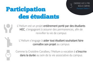 Coherence avec le prix
                                                 3        Nicolas Campard
Participation                                           Pourquoi l’Helium ?




    des étudiants
    L’Helium est un projet entièrement porté par des étudiants
      HEC, s’engageant à assurer des permanences, afin de
                    revivifier la vie de campus

     L’Helium s’engage à aider tout étudiant souhaitant faire
                 connaître son projet au campus

   Comme la Croisière Caraïbes, l’Helium a vocation à s’inscrire
      dans la durée au sein de la vie associative du campus
 
