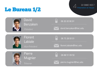 Qui sommes-nous ?
                                    4   Présentation de l’équipe
Le Bureau 1/2
      David            06 20 20 90 91
      Benzaken
      Président        david.benzaken@hec.edu


      Florent          06 75 28 93 01
      Labiale
      Vice-Président   florent.labiale@hec.edu


      Pierre           06 88 51 09 50
      Mugnier
                       pierre.mugnier@hec.edu
      Trésorier
 