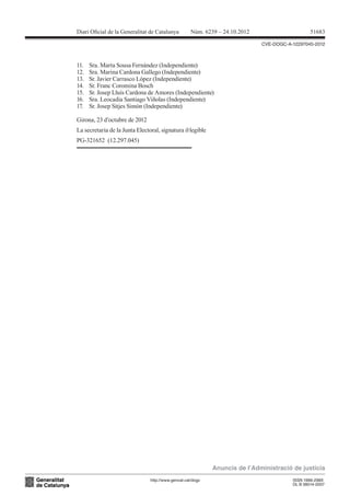 Diari Oicial de la Generalitat de Catalunya          Núm. 6239 – 24.10.2012                      51683

                                                                              CVE-DOGC-A-12297045-2012



11.   Sra. Marta Sousa Fernández (Independiente)
12.   Sra. Marina Cardona Gallego (Independiente)
13.   Sr. Javier Carrasco López (Independiente)
14.   Sr. Franc Coromina Bosch
15.   Sr. Josep Lluís Cardona de Amores (Independiente)
16.   Sra. Leocadia Santiago Viñolas (Independiente)
17.   Sr. Josep Sitjes Simón (Independiente)

Girona, 23 d’octubre de 2012
La secretaria de la Junta Electoral, signatura il·legible
PG-321652 (12.297.045)




                                                             Anuncis de l’Administració de justícia
                                http://www.gencat.cat/dogc                               ISSN 1988-298X
                                                                                         DL B 38014-2007
 