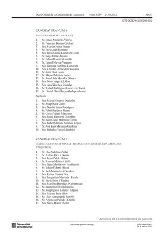 Diari Oicial de la Generalitat de Catalunya         Núm. 6239 – 24.10.2012                      51677

                                                                             CVE-DOGC-A-12297045-2012



CANDIDATURA NÚM. 6
PLATAFORMA PER CATALUNYA (PXC)

1.    Sr. Ignasi Mulleras Vinzia
2.    Sr. Francesc Bueno Celdran
3.    Sra. Maria Osuna Bueno
4.    Sr. Enric Juan Romero
5.    Sra. Rosa Maria Llandrich Costa
6.    Sr. Sergi Fabri Llavero
7.    Sr. Eduard Guerra Castillo
8.    Sr. Ernest Nieves Vaquero
9.    Sra. Gemma Rupérez Llandrich
10.   Sra. Christie Demeuldre Guyaux
11.   Sr. Jordi Diaz Leon
12.   Sr. Miquel Montes López
13.   Sr. Joan Lluís Morales Gómez
14.   Sra. Sònia Argerich Gou
15.   Sra. Ana Sánchez Castaño
16.   Sr. Rafael Rodríguez Gutiérrez (Toro)
17.   Sr. Daniel Plana Farjas (Independiente)
Suplents:
1.    Sra. Marta Navarro Deulofeu
2.    Sr. Josep Roca Carol
3.    Sra. Natalia Suita Rodríguez
4.    Sr. Pablo Rupérez Bueno
5.    Sr. Carles Valeri Manzano
6.    Sra. Juana Ramírez González
7.    Sr. Juan Diego Martínez Torres
8.    Sra. Isabel Matilde Sánchez López
9.    Sr. José Luis Miranda Cardona
10.   Sra. Griselda Yeste Llandrich


CANDIDATURA NÚM. 7
CANDIDATURA D’UNITAT POPULAR - ALTERNATIVA D’ESQUERRES (CUP-ALTERNATIVA
D’ESQUERRES)

1.    Sr. Lluc Salellas i Vilar
2.    Sr. Antoni Rico i Garcia
3.    Sra. Irene Palol i Ribas
4.    Sr. Ramon Muñoz i Salló
5.    Sra. Neus Masferrer i Avellaneda
6.    Sr. Eduard Martí i Roca
7.    Sr. Jach Massachs i Domken
8.    Sra. Esther Costa i Fita
9.    Sra. Jacqueline Navinés i Escala
10.   Sr. Enric Stern i Taulats
11.   Sra. Mariona Baraldés i Cabarrocas
12.   Sr. Jaume Bofill i Rabaneda
13.   Sr. Josep Ignasi Estany i Algans
14.   Sra. Marina Pera i Ros
15.   Sr. Lluís Armengol i Subirós
16.   Sr. Anastasio Pulido i Chozas
17.   Sra. Núria Bonet i Soler




                                                            Anuncis de l’Administració de justícia
                               http://www.gencat.cat/dogc                               ISSN 1988-298X
                                                                                        DL B 38014-2007
 