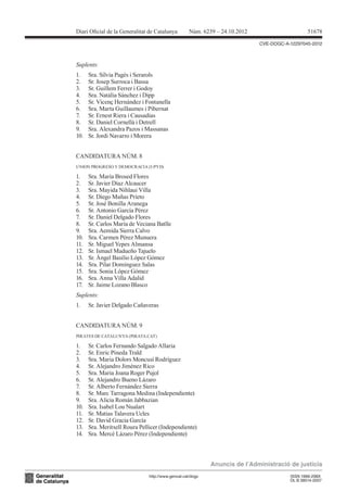 Diari Oicial de la Generalitat de Catalunya         Núm. 6239 – 24.10.2012                      51678

                                                                             CVE-DOGC-A-12297045-2012



Suplents:
1.    Sra. Sílvia Pagès i Serarols
2.    Sr. Josep Surroca i Bassa
3.    Sr. Guillem Ferrer i Godoy
4.    Sra. Natàlia Sànchez i Dipp
5.    Sr. Vicenç Hernàndez i Fontanella
6.    Sra. Marta Guillaumes i Pibernat
7.    Sr. Ernest Riera i Causadias
8.    Sr. Daniel Cornellà i Detrell
9.    Sra. Alexandra Pazos i Massanas
10.   Sr. Jordi Navarro i Morera


CANDIDATURA NÚM. 8
UNION PROGRESO Y DEMOCRACIA (UPYD)

1.    Sra. María Brosed Flores
2.    Sr. Javier Díaz Alcaucer
3.    Sra. Mayida Nihlaui Villa
4.    Sr. Diego Mañas Prieto
5.    Sr. José Bonilla Aranega
6.    Sr. Antonio García Pérez
7.    Sr. Daniel Delgado Flores
8.    Sr. Carlos María de Veciana Batlle
9.    Sra. Aemida Sierra Calvo
10.   Sra. Carmen Pérez Munuera
11.   Sr. Miguel Yepes Almansa
12.   Sr. Ismael Madueño Tajuelo
13.   Sr. Ángel Basilio López Gómez
14.   Sra. Pilar Domínguez Salas
15.   Sra. Sonia López Gómez
16.   Sra. Anna Villa Adalid
17.   Sr. Jaime Lozano Blasco
Suplents:
1.    Sr. Javier Delgado Cañaveras


CANDIDATURA NÚM. 9
PIRATES DE CATALUNYA (PIRATA.CAT)

1.    Sr. Carlos Fernando Salgado Allaria
2.    Sr. Enric Pineda Traïd
3.    Sra. Maria Dolors Moncusí Rodríguez
4.    Sr. Alejandro Jiménez Rico
5.    Sra. Maria Joana Roger Pujol
6.    Sr. Alejandro Bueno Lázaro
7.    Sr. Alberto Fernández Sierra
8.    Sr. Marc Tarragona Medina (Independiente)
9.    Sra. Alicia Román Jabbazian
10.   Sra. Isabel Lou Nualart
11.   Sr. Matias Talavera Ucles
12.   Sr. David Gracia García
13.   Sra. Meritxell Roura Pellicer (Independiente)
14.   Sra. Mercè Lázaro Pérez (Independiente)



                                                            Anuncis de l’Administració de justícia
                               http://www.gencat.cat/dogc                               ISSN 1988-298X
                                                                                        DL B 38014-2007
 